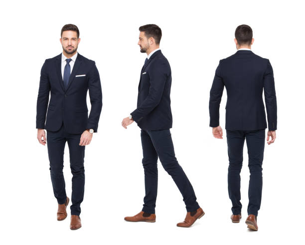 Young stylish businessman front rear side view isolated
