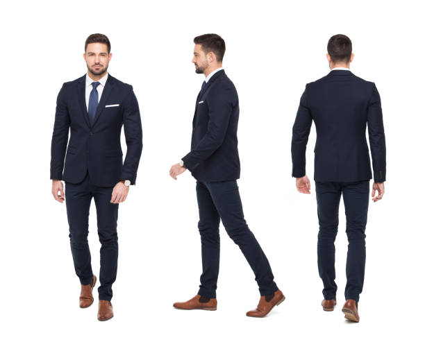 young stylish businessman front rear side view isolated - mans suit imagens e fotografias de stock