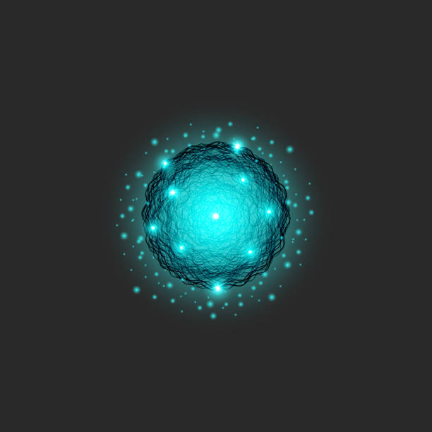 ilustraciones, imágenes clip art, dibujos animados e iconos de stock de un coágulo de símbolo de la energía es una sustancia de color azul, círculo formas serie dinámica de la partícula, fractal de la ciencia alrededor de textura - partícula elemental