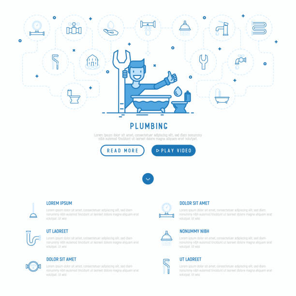 ilustrações, clipart, desenhos animados e ícones de encanador de desenhos animados com chave, banheira e wc. conceito de encanamento para o modelo de página da web. ilustração em vetor linha fina. - web page toolbox repairing internet