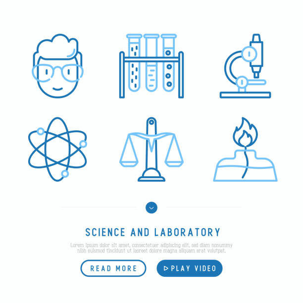 nauka i laboratorium cienka linia ikony zestaw naukowców, mikroskop, wagi, fiolki, lampy spirytusowej. ilustracja wektorowa. - beaker laboratory weight scale physics stock illustrations