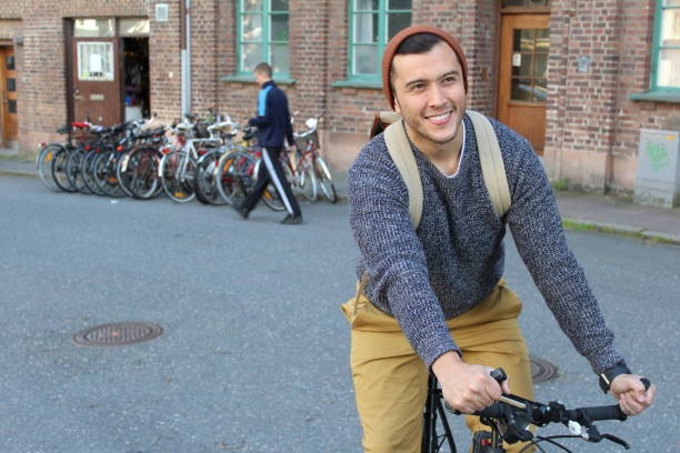 Happy cyclist in the city.
