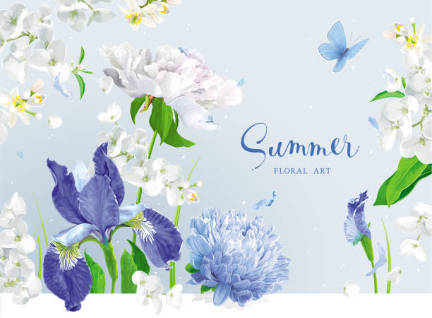 Blue summer flowers bouquet Vintage vector bouquet:blooming Chrysanthemums, blue Irises, Asters, Peonies, Apple blossom, garden flowers. Botanical drawing in watercolor style. Template for greeting cards, wedding decorations, spring summer sales blue iris stock illustrations