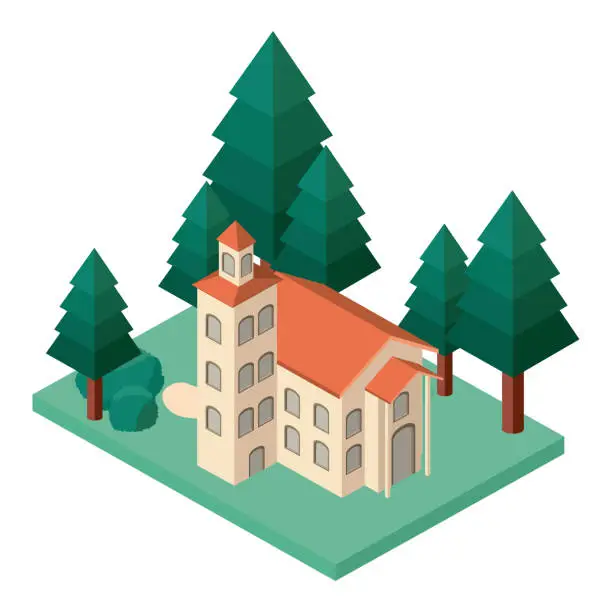 Vector illustration of mini tree and castle building isometric