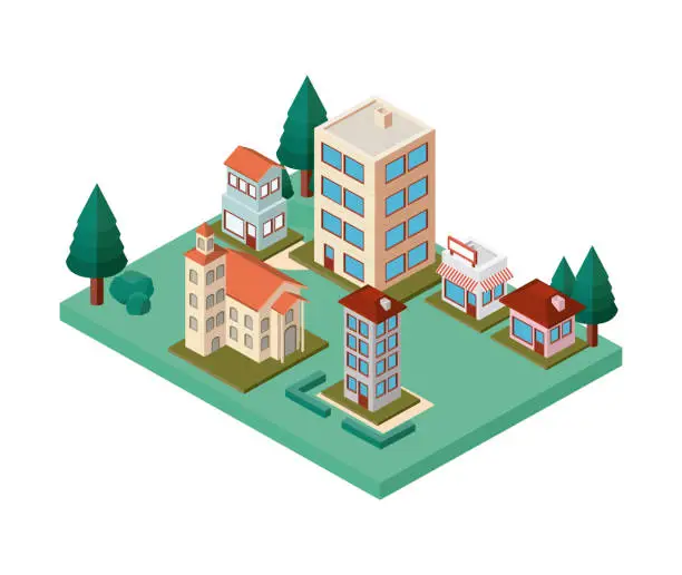 Vector illustration of mini trees and buildings neighborhood isometric