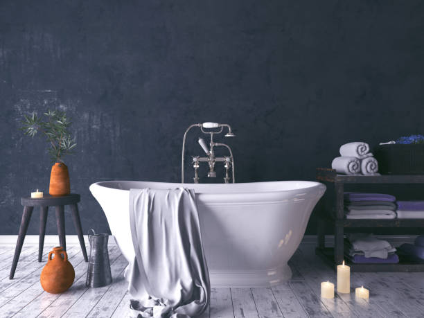 ржавый ванная комната со старым деревянным стулом - bathroom black faucet стоковые фото и изображения