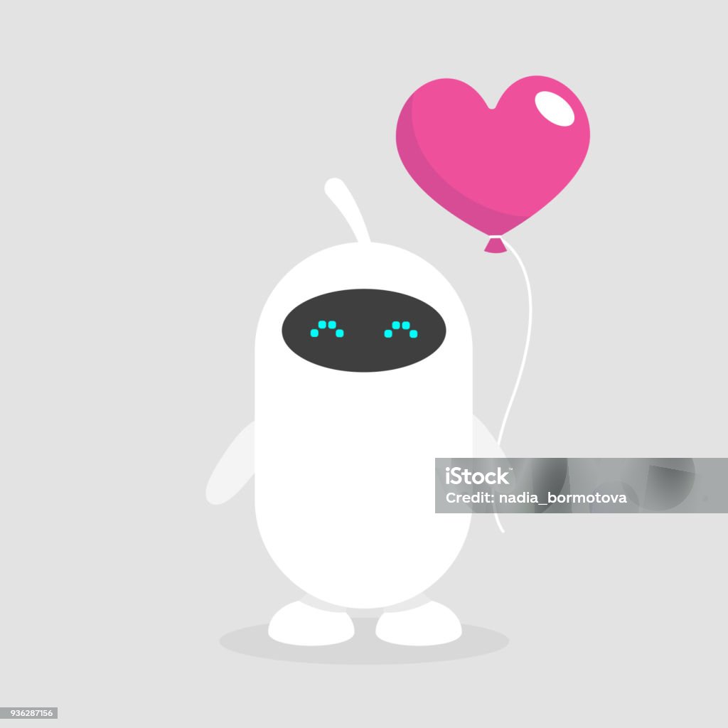 Feelings of robots. Cute white cyborg holding a heart shaped baloon. Romantic relationships. Flat editable vector illustration, clip art Robot stock vector