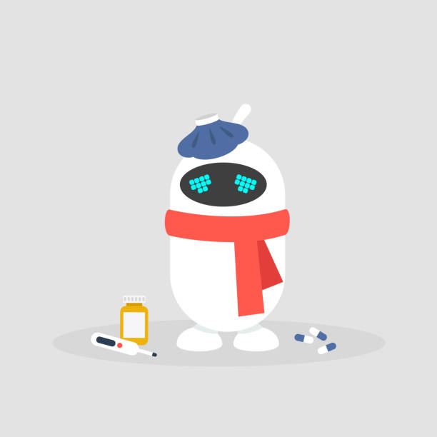 ilustrações de stock, clip art, desenhos animados e ícones de virus conceptual illustration. sick robot wearing a red scarf and ice pack on his head / flat editable vector, clip art - blister pack pill medicine healthcare and medicine