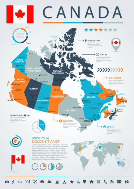 12 - kanada - niebiesko-pomarańczowa infografika 10 - alberta map edmonton canada stock illustrations
