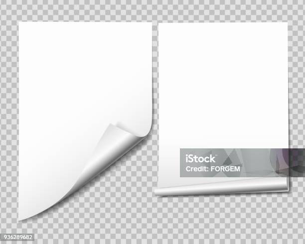 Set Of White Sheet Of Paper With Bent Corner Isolated On Transparent Background Vector Stock Illustration - Download Image Now