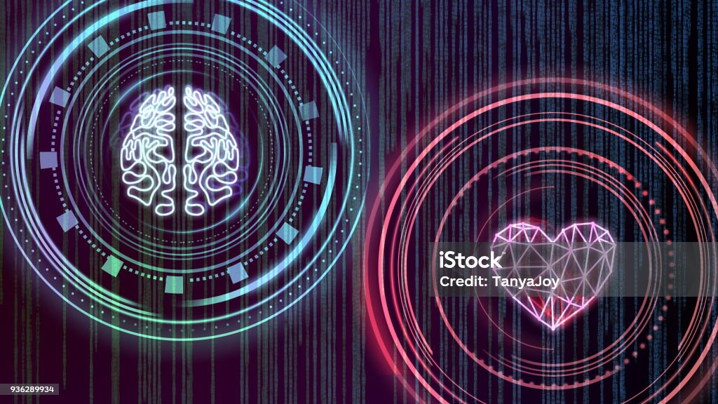 Heart and brain. Digital interface Heart and brain on absract digital background Heart Shape Stock Photo