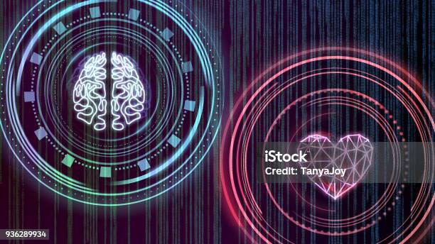 Heart And Brain Digital Interface Stock Photo - Download Image Now - Heart Shape, Decisions, Intelligence