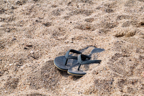 istock Flip flops on beach sand / Slippers on sandy beach vacation time, summer holiday background / Tourist season and travel. 936296148