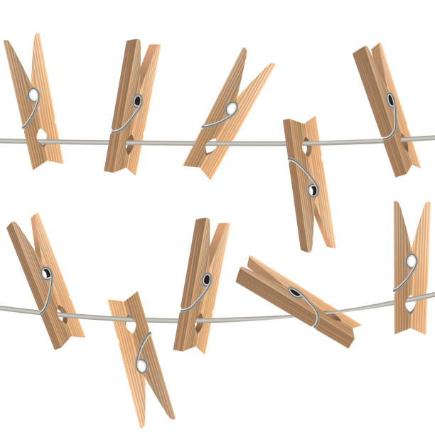 Realistic Detailed 3d Wooden Clothespins. Vector Realistic Detailed 3d Wooden Clothespins Hanging on a Rope Tools of Laundry on White Background. Vector illustration of Clothespin clothespin wood stock illustrations