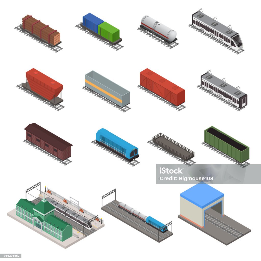 Different Types Train 3d Icons Set Isometric View. Vector Different Types Train 3d Icons Set Isometric View Railway Elements , Transportation of Cargo Railroad. Vector illustration of Trains Train - Vehicle stock vector