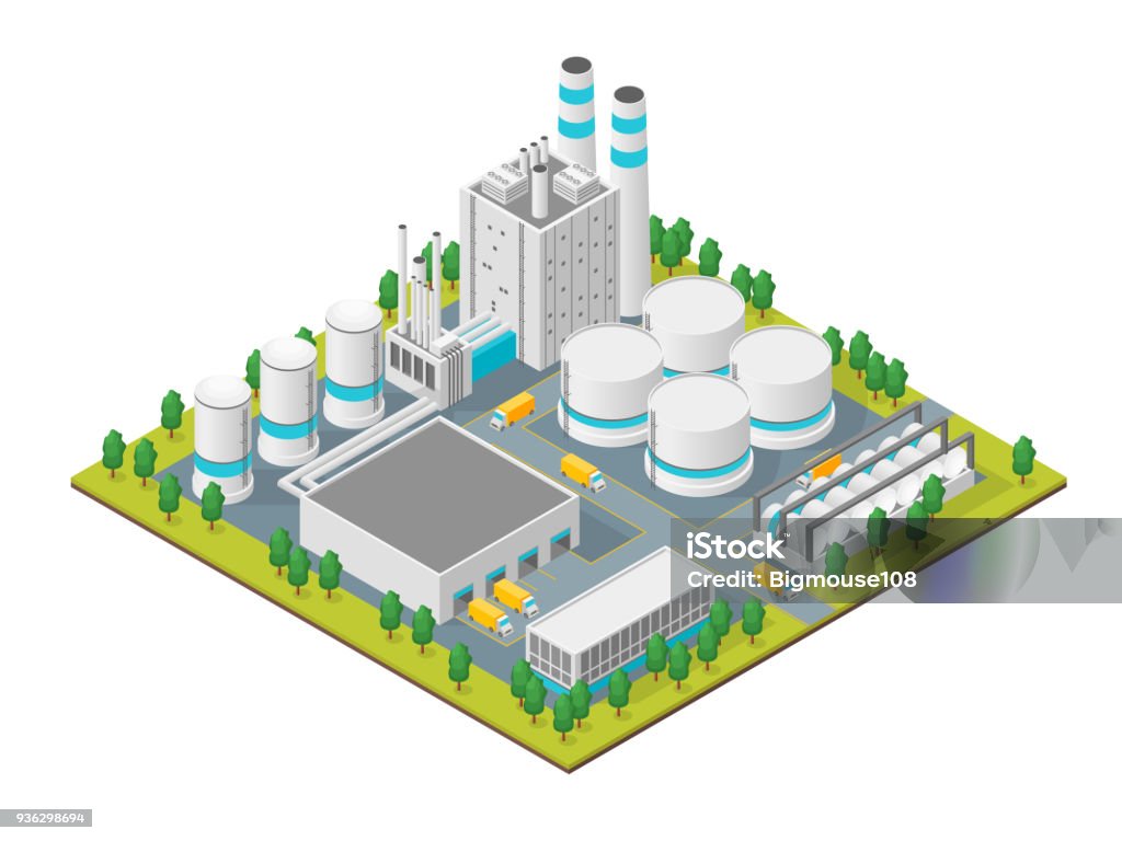 Factory Concept 3d Isometric View. Vector Factory Building Concept 3d Isometric View Element Map Isolated on White Background Industrial Structure Construction and Pipe. Vector illustration Factory stock vector