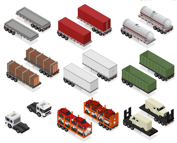 Different Types Trailers 3d Icons Set Isometric View. Vector Different Types Trailers 3d Icons Set Isometric View Cargo Transport. Vector illustration of Trailer for Delivery and Transportation truck trucking car van stock illustrations