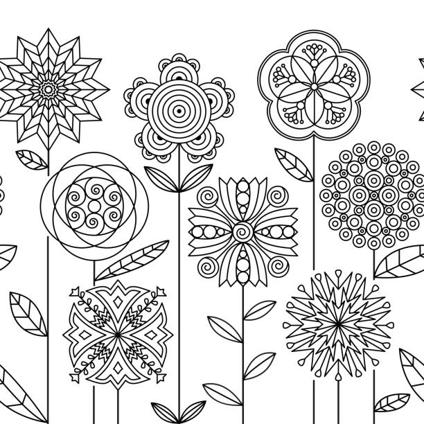 Seamless doodle botanical border. Black and white abstract floral field. Coloring book page. mandala stock illustrations