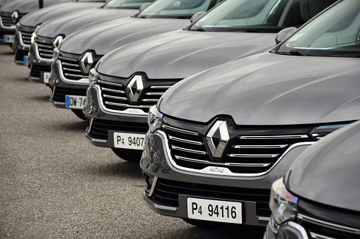 Florence, Italy - 18th November, 2015: Renault Talisman cars stopped on the parking before the presentation. The first generation of Talisman was debut in 2015 on the market. This model is the most luxury car in Renault offer in Europe.