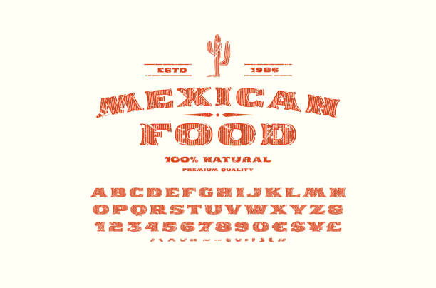 декоративный шрифт засечек и шаблон этикетки для мексиканского ресторана - western culture stock illustrations