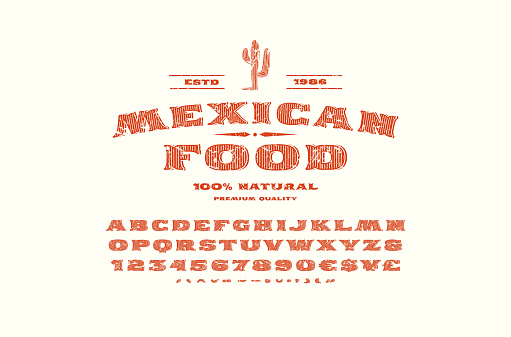 Decorative serif font in retro style. Label template for mexican restaurant. Letters and numbers with rough texture for emblem design. Red print on white background