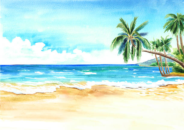 바다 경치입니다. 황금빛 모래와 palmes 여름 열 대 해변입니다. 손으로 그린 가로 수채화 그림 - lagoon stock illustrations