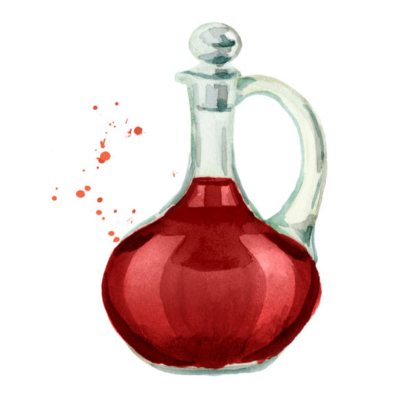 레드 와인 식초와 항아리. 흰색 배경에 고립 수채화 손으로 그린 그림 - vinegar bottle herb white stock illustrations