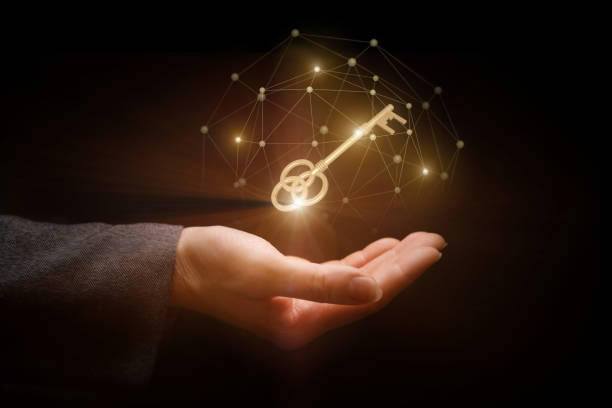 istock Golden key in the hand of network. 936307192