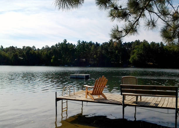 istock Adirondack and Bench on Dock in Lake 936307198