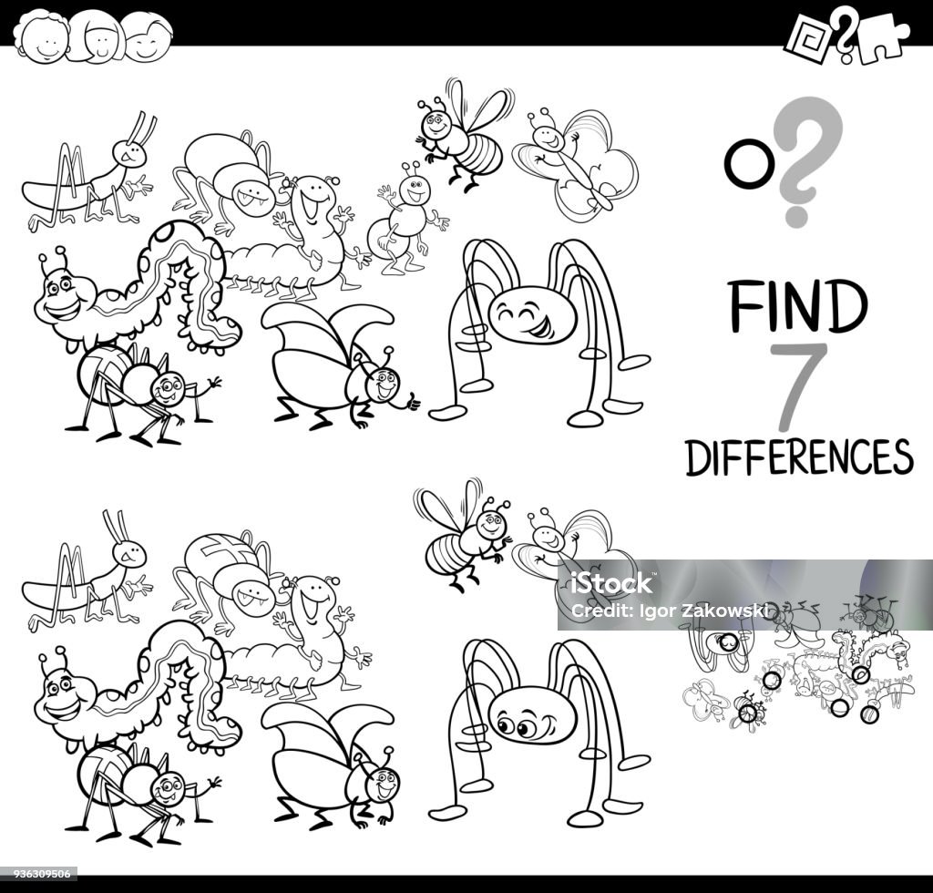differences game with bugs group coloring book Black and White Cartoon Illustration of Finding Seven Differences Between Pictures Educational Activity Game for Kids with Insects Animal Characters Group Coloring Book Animal stock vector