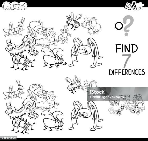 Differences Game With Bugs Group Coloring Book Stock Illustration - Download Image Now - Animal, Animal Themes, Ant