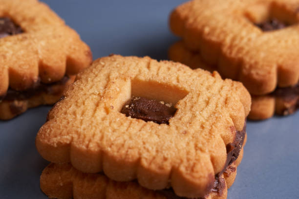 istock Chocolate cookies on gray plate on red table, closeup. Macro. Wich copyspace 936311084