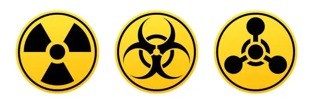 Vector illustration of Danger vector signs. Radiation sign, Biohazard sign, Chemical Weapons Sign.