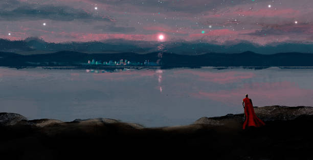 istock Magician in red coat looking to night city in moon light, digital painting 936312510