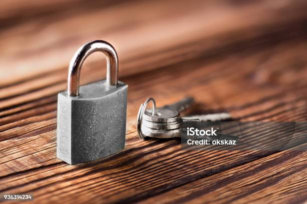 Metal Padlock With Silvered Keys On Old Wooden Background Estate And Security Concept With Symbol Of Protection Stock Photo - Download Image Now