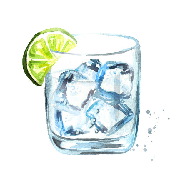 ガラスのジントニック氷とライムのスライス。水彩の手描きイラスト、白い背景で隔離 - glass water freshness tonic water点のイラスト素材／クリップアート素材／マンガ素材／アイコン素材