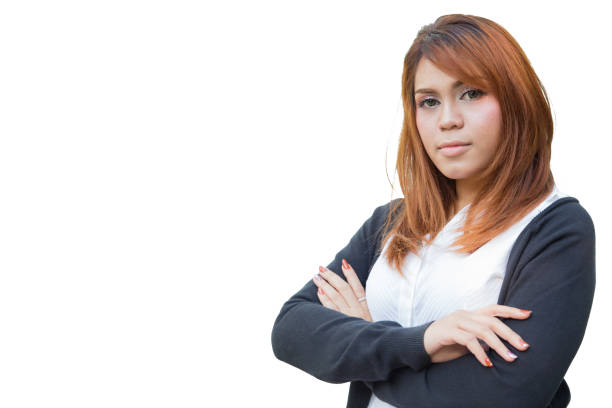 fiducia in se stessi cercando smart office donne asiatiche compongono capelli colorati isolati con percorso di ritaglio - discerning foto e immagini stock