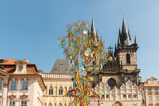 Easter market near Tyn Church in the Old Town Square in the historic center of Prague, Czech Republic