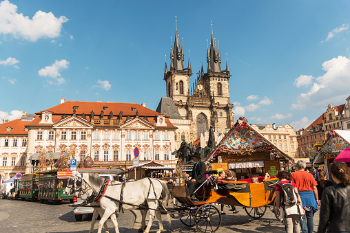 Prague, Czech Republic - April 10th, 2017: Prague Old Town Square - Easter Market in front of the Tyn Church