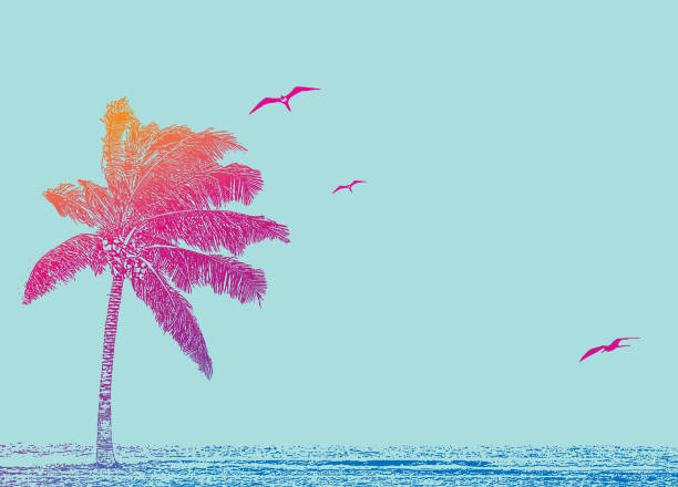 ilustrações de stock, clip art, desenhos animados e ícones de mezzotint illustration of a caribbean beach with palm tree - spring break