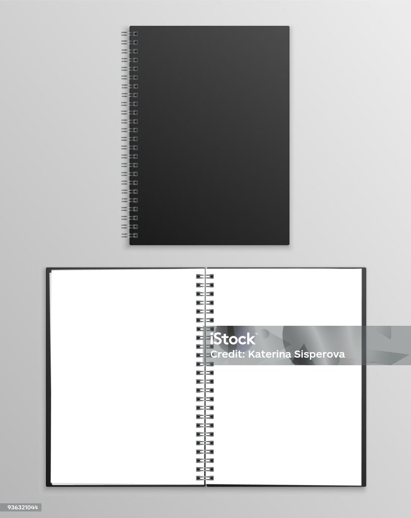 Cuaderno negro realista vectores abiertos y cerrados aislados sobre fondo gris - arte vectorial de Cuaderno de apuntes libre de derechos