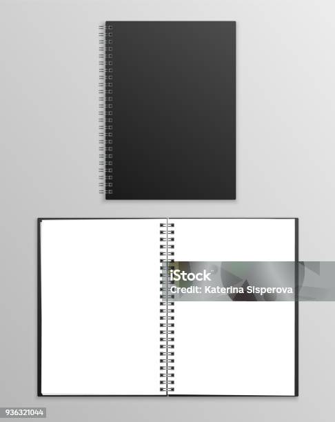 Ilustración de Cuaderno Negro Realista Vectores Abiertos Y Cerrados Aislados Sobre Fondo Gris y más Vectores Libres de Derechos de Cuaderno de apuntes