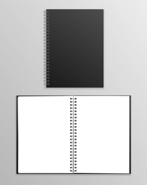 Vector realistic black notebook open and closed isolated on grey background Vector realistic black notebook open and closed isolated on grey background black notebook stock illustrations