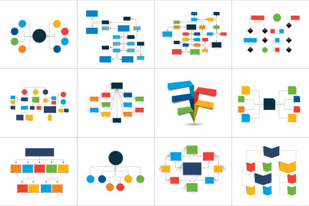 ilustrações de stock, clip art, desenhos animados e ícones de fowcharts schemes, diagrams. mega set. simply color editable. infographics elements. - 4865