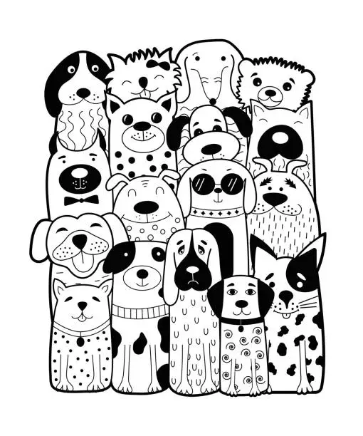 Vector illustration of Cute dogs, doodle style.