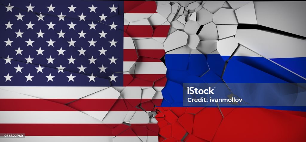 Russia Vs United States Of America  Concept Flags Russia Vs United States Of America  Concept Flags On Broken Cracked Concrete 3D Rendering Russia Stock Photo