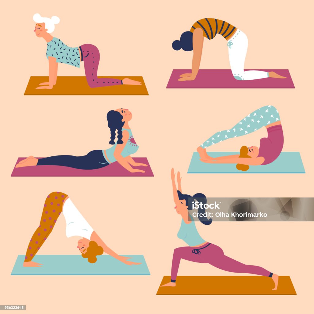 Set with beautiful women in various poses of yoga Set with beautiful women in various asana poses of yoga. Vector set of exercises illustration. Six women are taking yoga on mats. Healthy lifestyle. Different basic sctretching exercises. Flat style Yoga stock vector