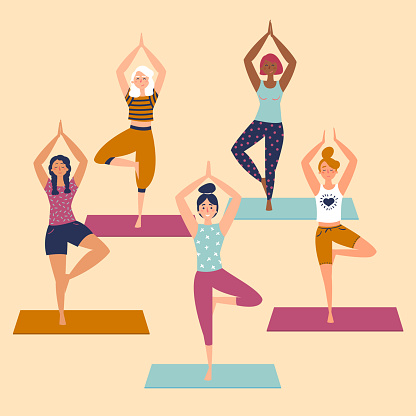 Set with beautiful women in vrkasana asana pose of yoga. Vector set of exercises illustration. Five women stand on yoga mats. Helthy lifestyle. Sun greeting. Basic sctretching exercise. Flat style