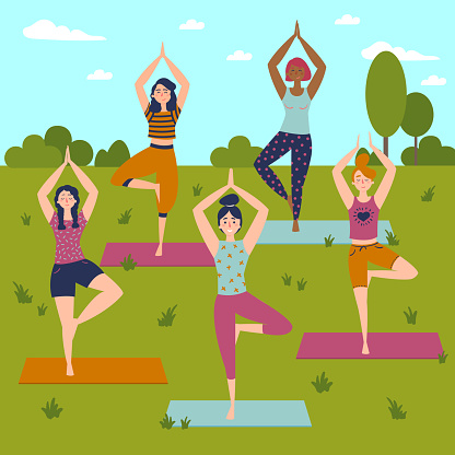 Set with beautiful women in vrkasana asana pose of yoga. Vector set of exercises illustration. Five women in outdoor yoga class. Helthy lifestyle. Sun greeting. Sky, trees and grass background. Flat