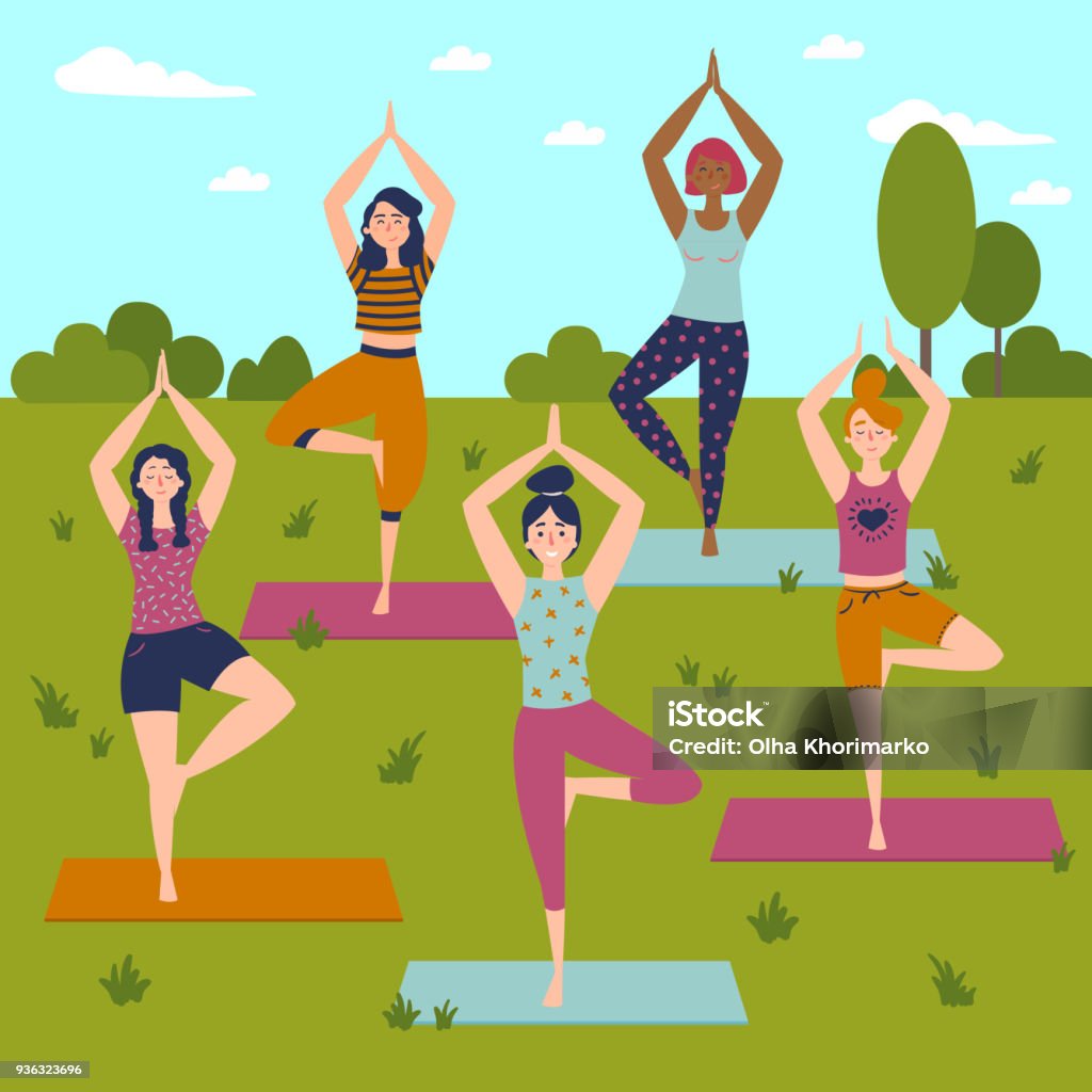 Set with beautiful women in vrkasana pose of yoga Set with beautiful women in vrkasana asana pose of yoga. Vector set of exercises illustration. Five women in outdoor yoga class. Helthy lifestyle. Sun greeting. Sky, trees and grass background. Flat Yoga stock vector